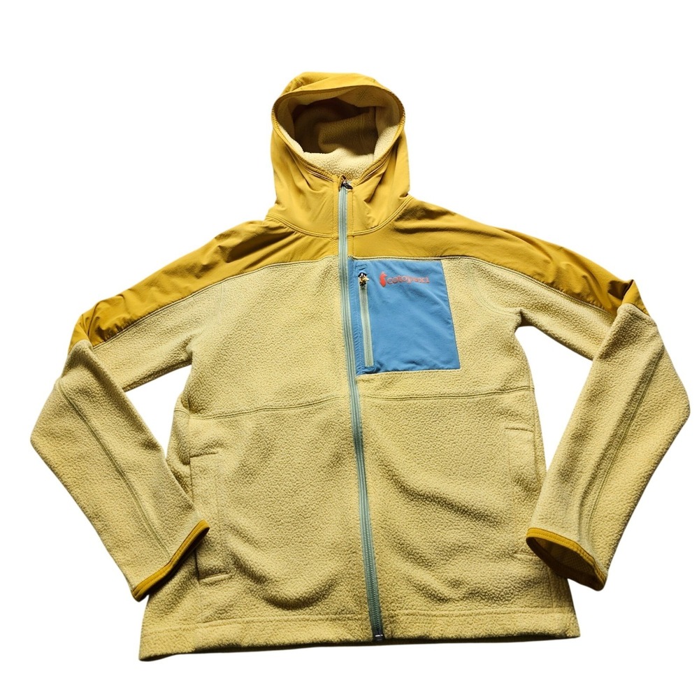 Cotopaxi Teca Fleece Full-Zip Hooded Jacket XS Yellow Tan Blue Outdoor Hiking